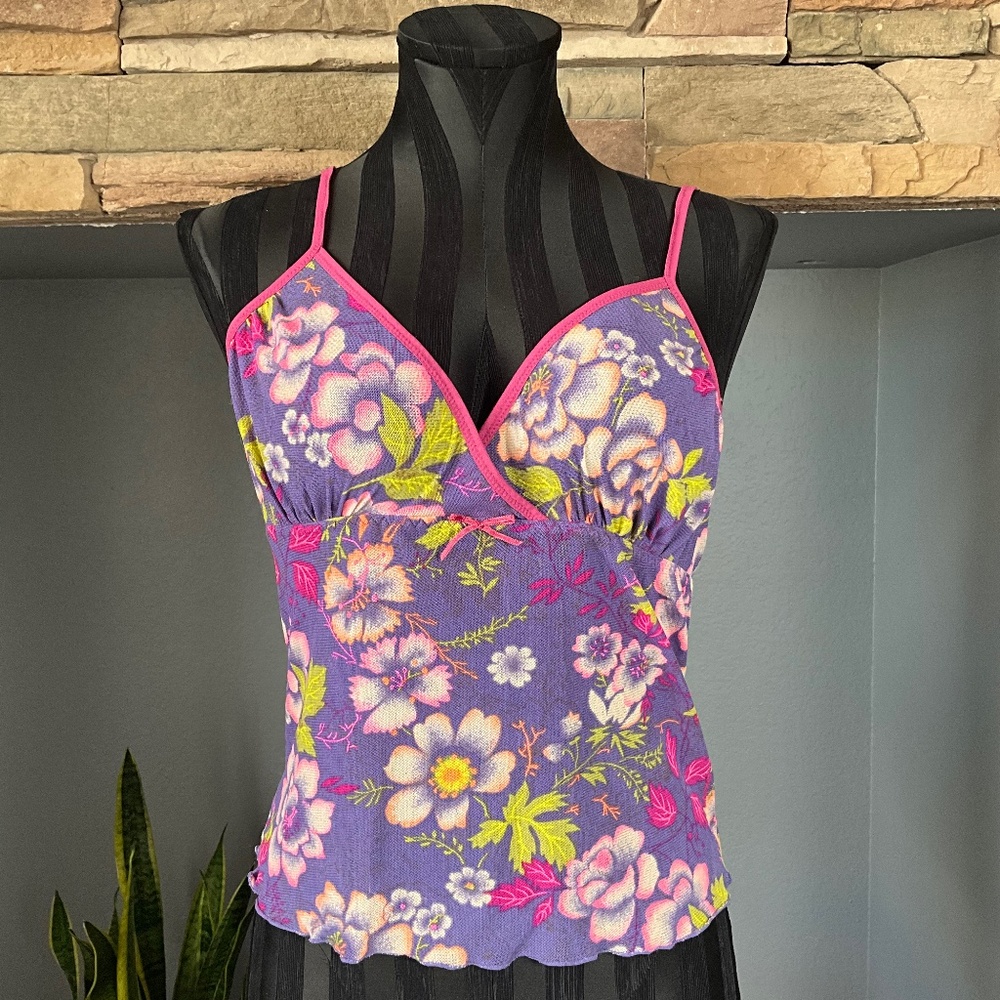 VTG DKNY Y2K Babydoll Mesh Cami Top Deep V Stretch Mod Floral Purple Pink M